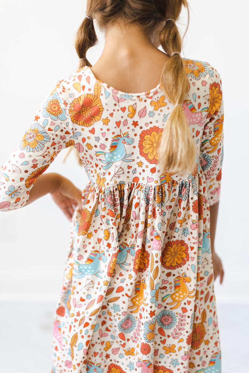 Retro Unicorns 3/4 Sleeve Pocket Twirl Dress - Blissfully Lavender BoutiqueMila & Rose ®