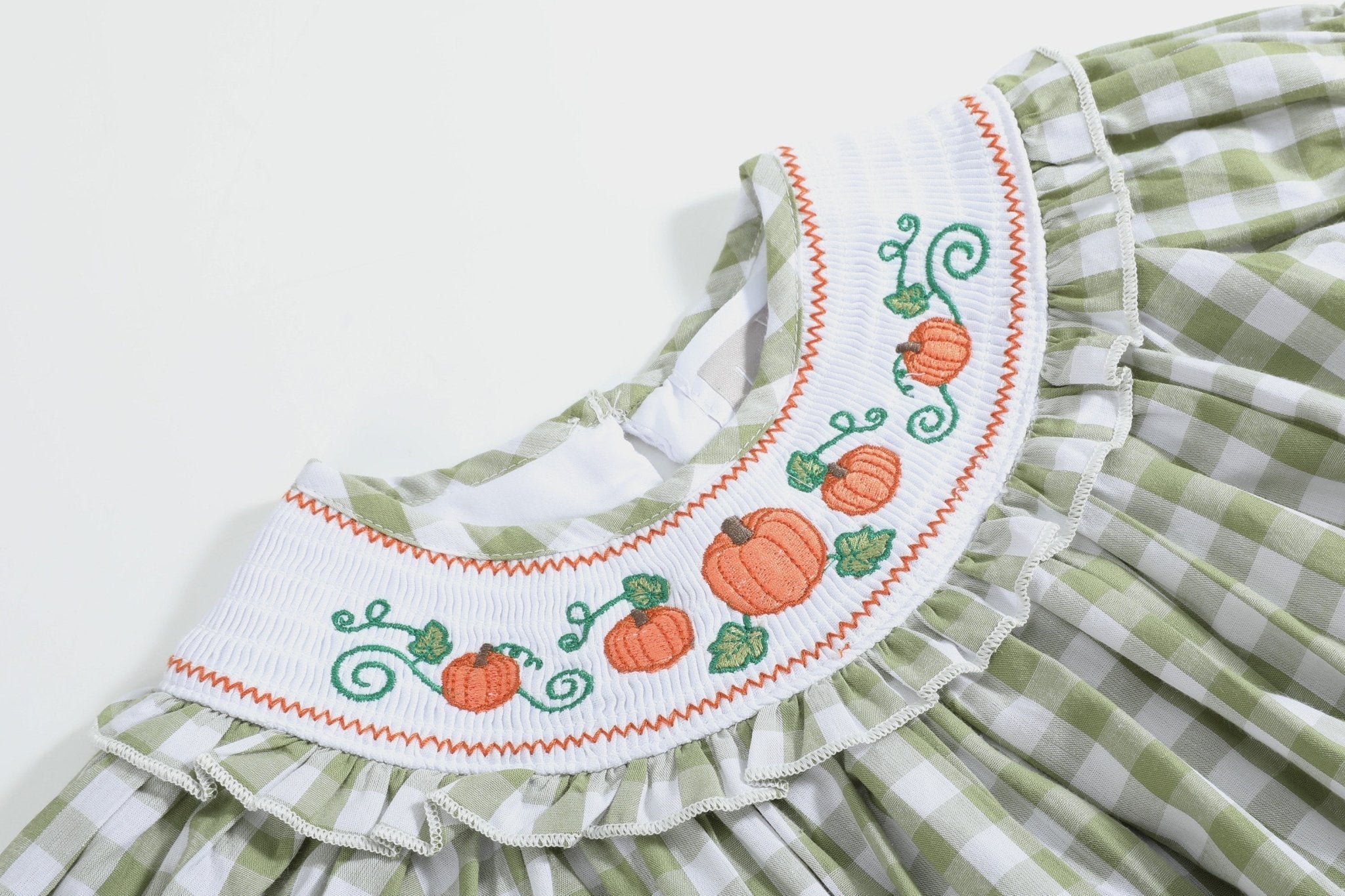 Sage Green Gingham Pumpkin Smocked Bishop Dress
