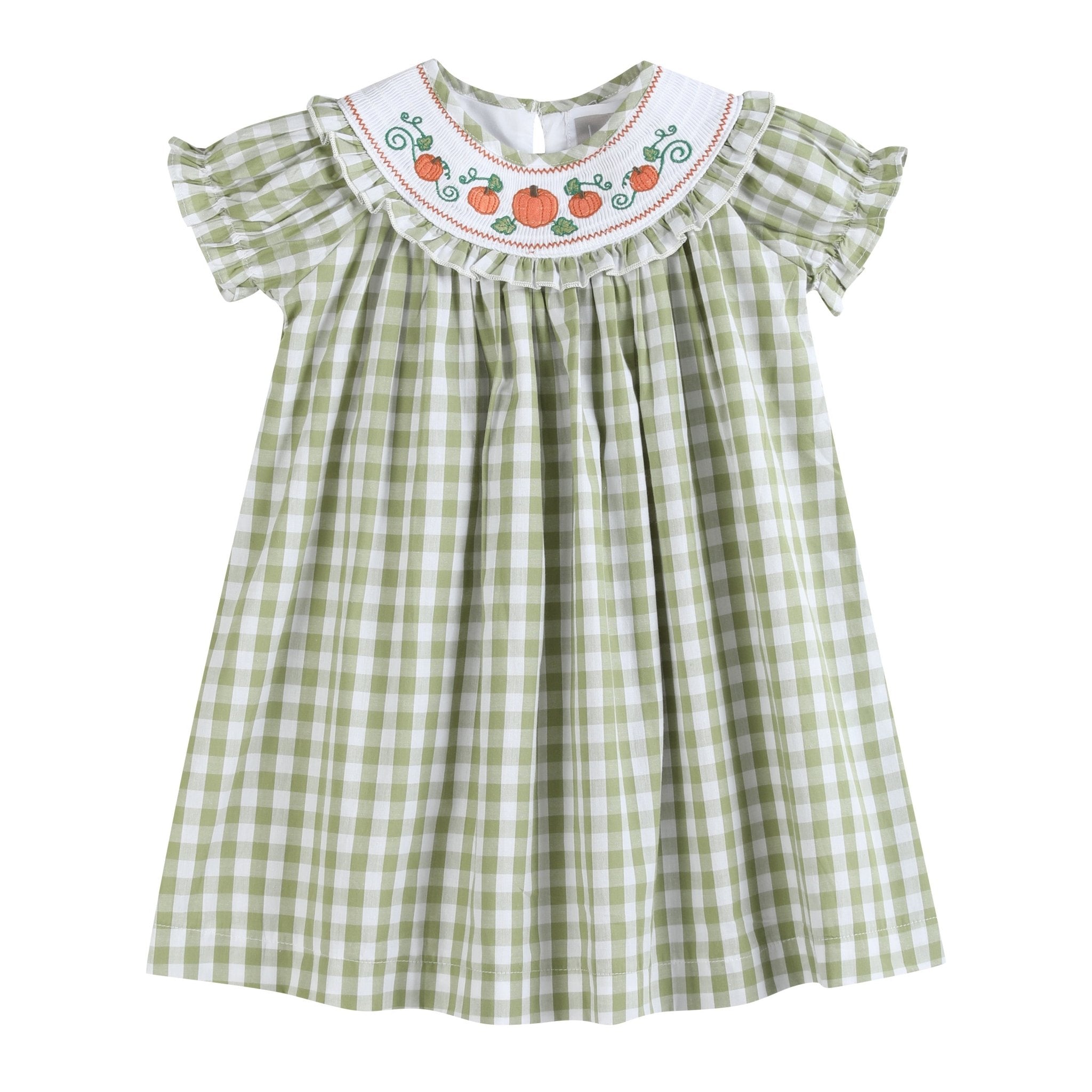 Sage Green Gingham Pumpkin Smocked Bishop Dress