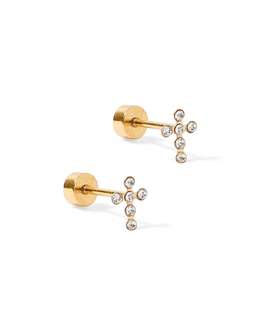 Screwback Stud Earrings - Clara Cross Gold Sparkle