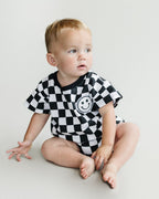 Checkered Smiley Black Short Sleeve Bubble Romper
