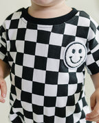 Checkered Smiley Black Short Sleeve Bubble Romper