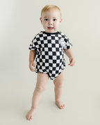Checkered Smiley Black Short Sleeve Bubble Romper
