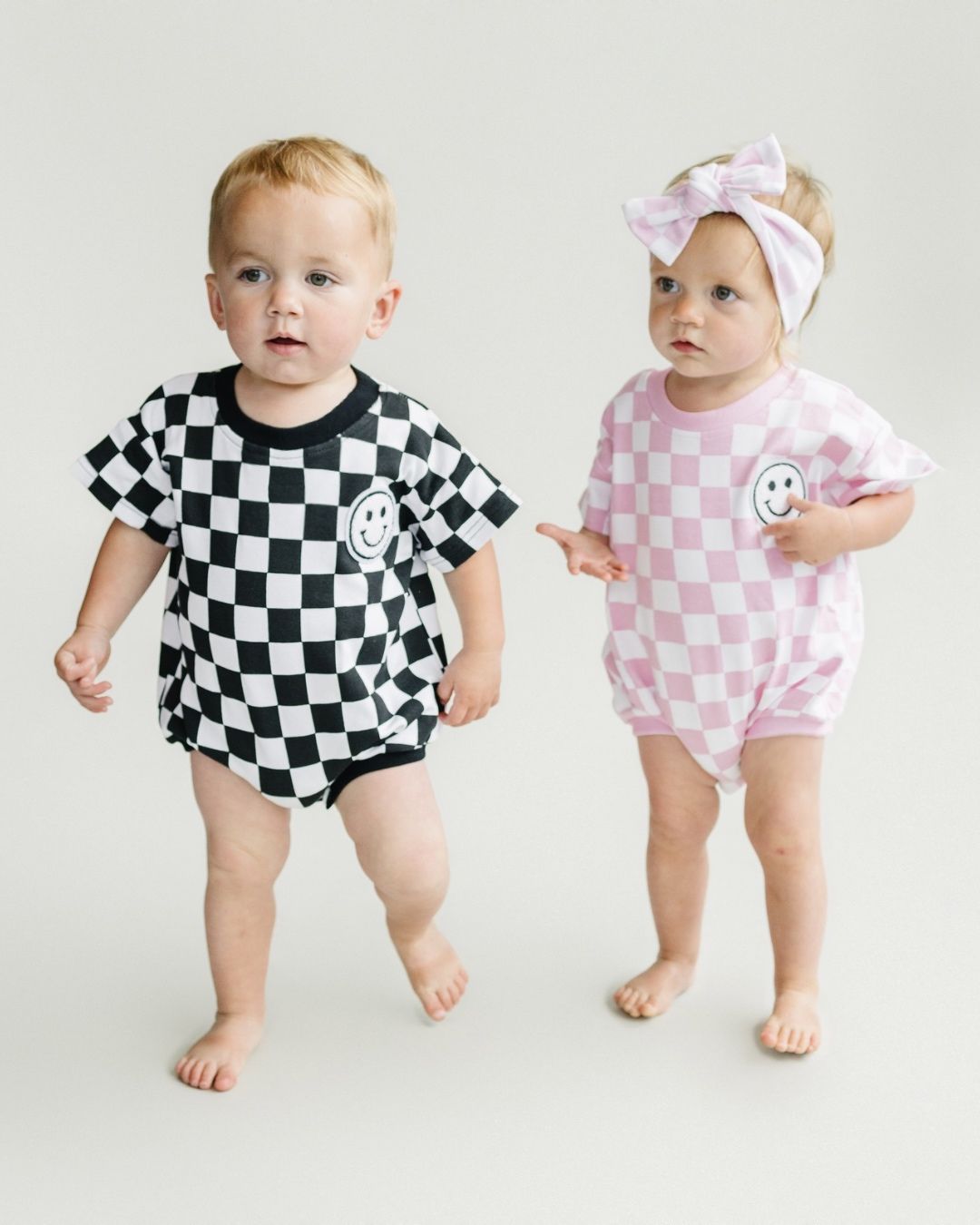 Checkered Smiley Black Short Sleeve Bubble Romper
