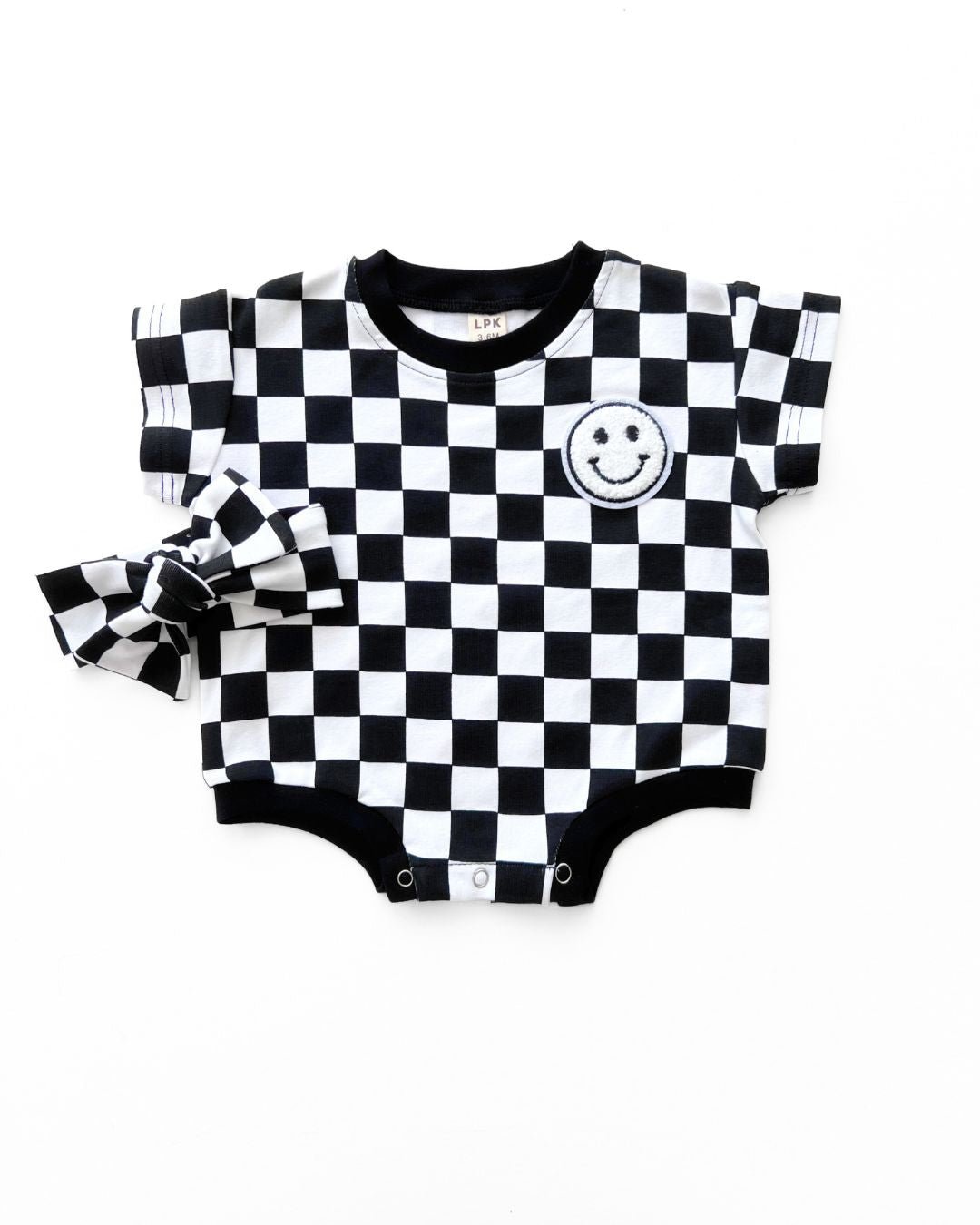 Checkered Smiley Black Short Sleeve Bubble Romper