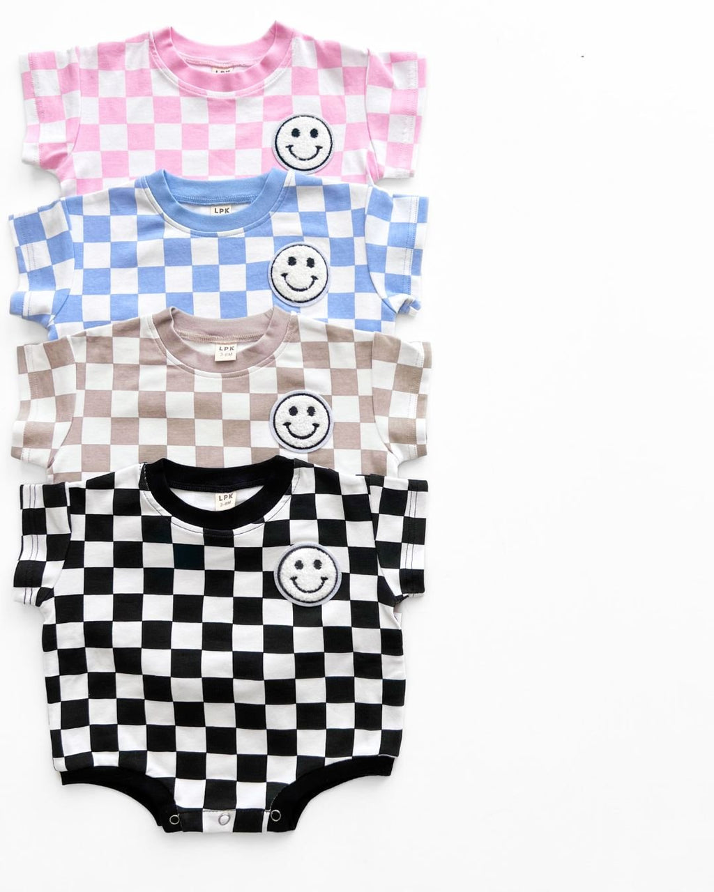 Checkered Smiley Blue Short Sleeve Bubble Romper