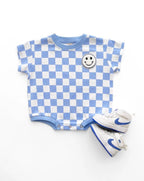 Checkered Smiley Blue Short Sleeve Bubble Romper