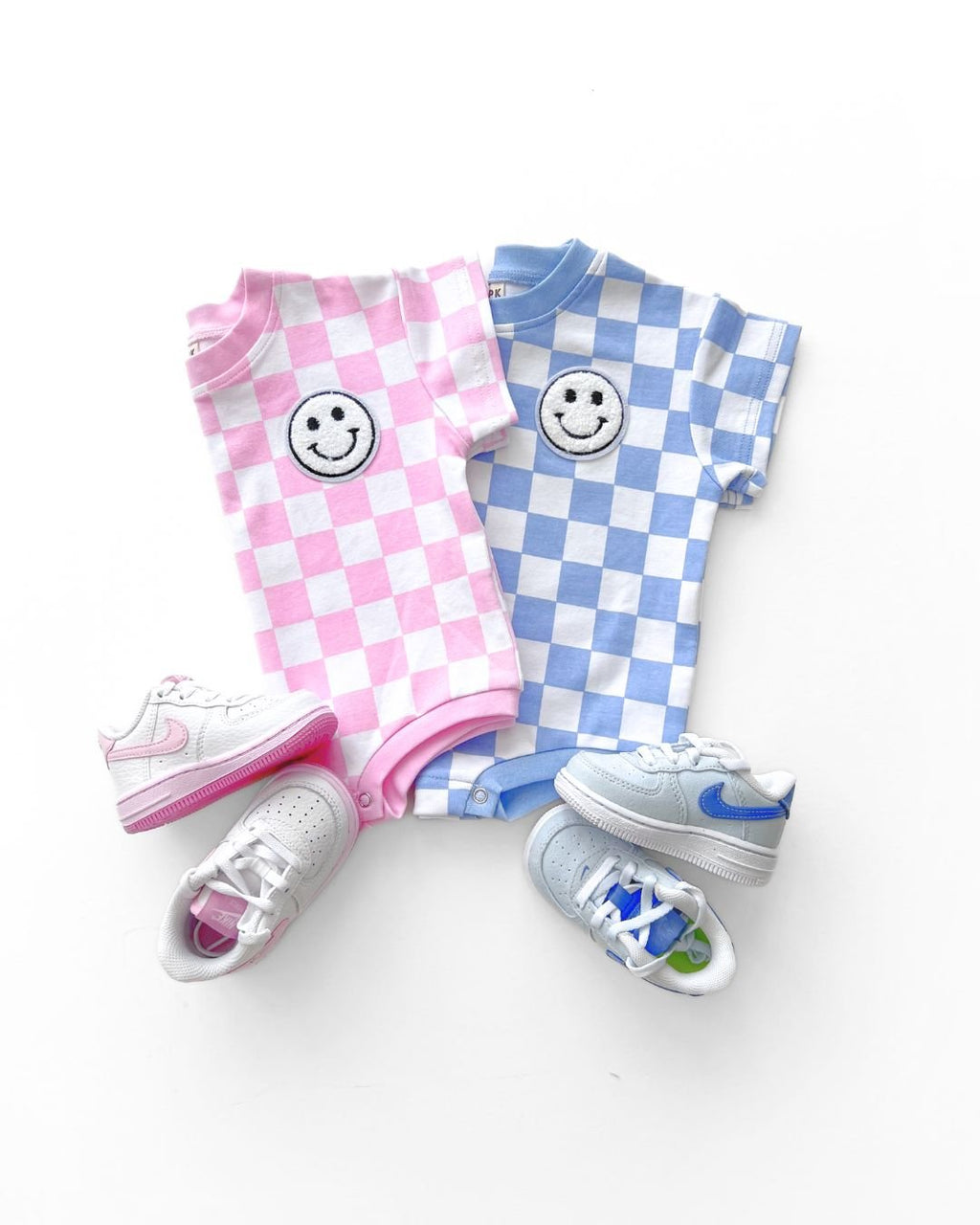Checkered Smiley Blue Short Sleeve Bubble Romper