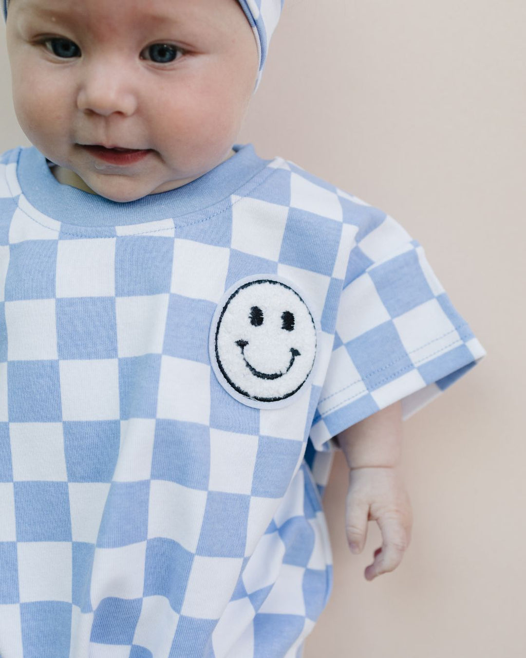 Checkered Smiley Blue Short Sleeve Bubble Romper