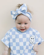 Checkered Smiley Blue Short Sleeve Bubble Romper