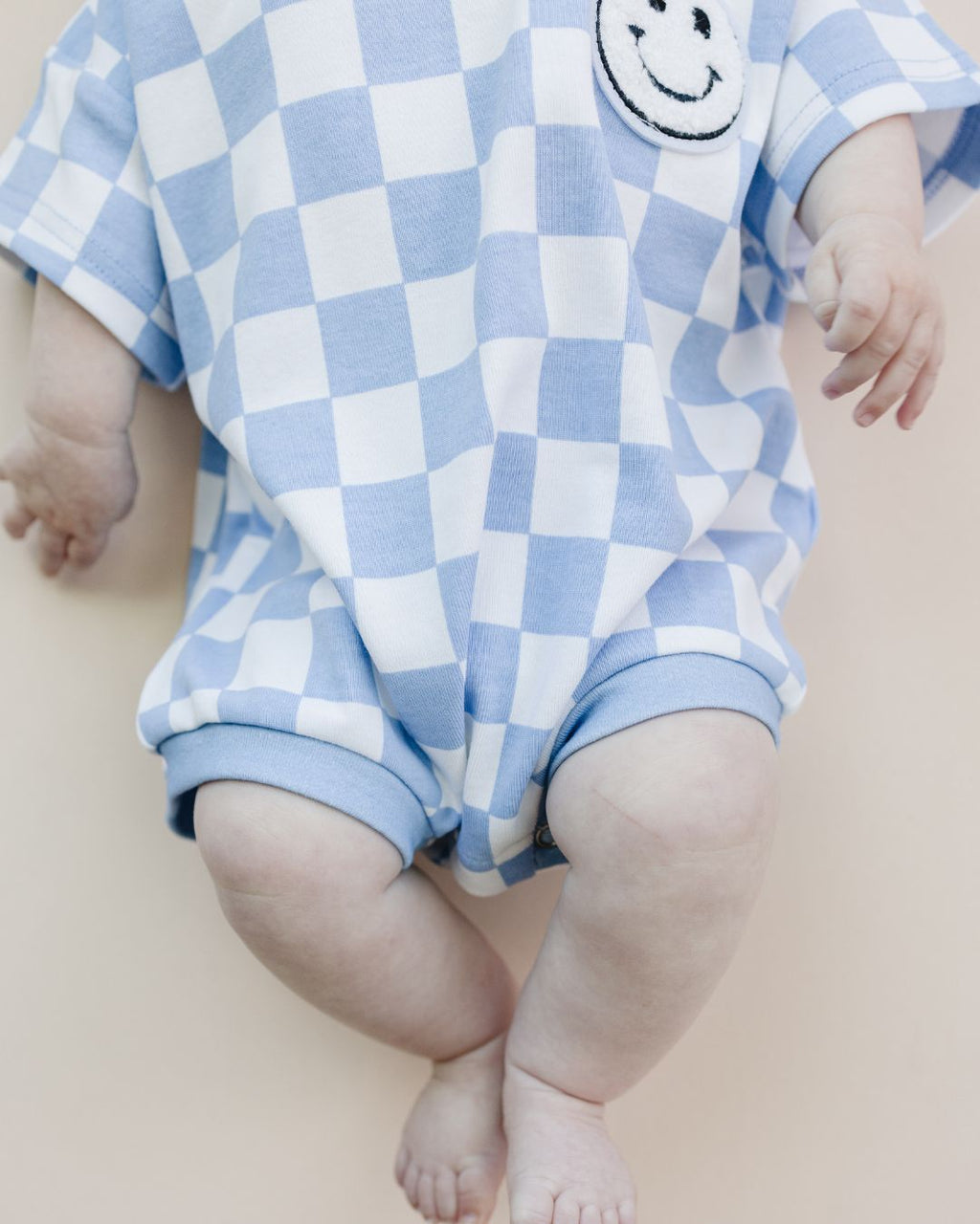Checkered Smiley Blue Short Sleeve Bubble Romper