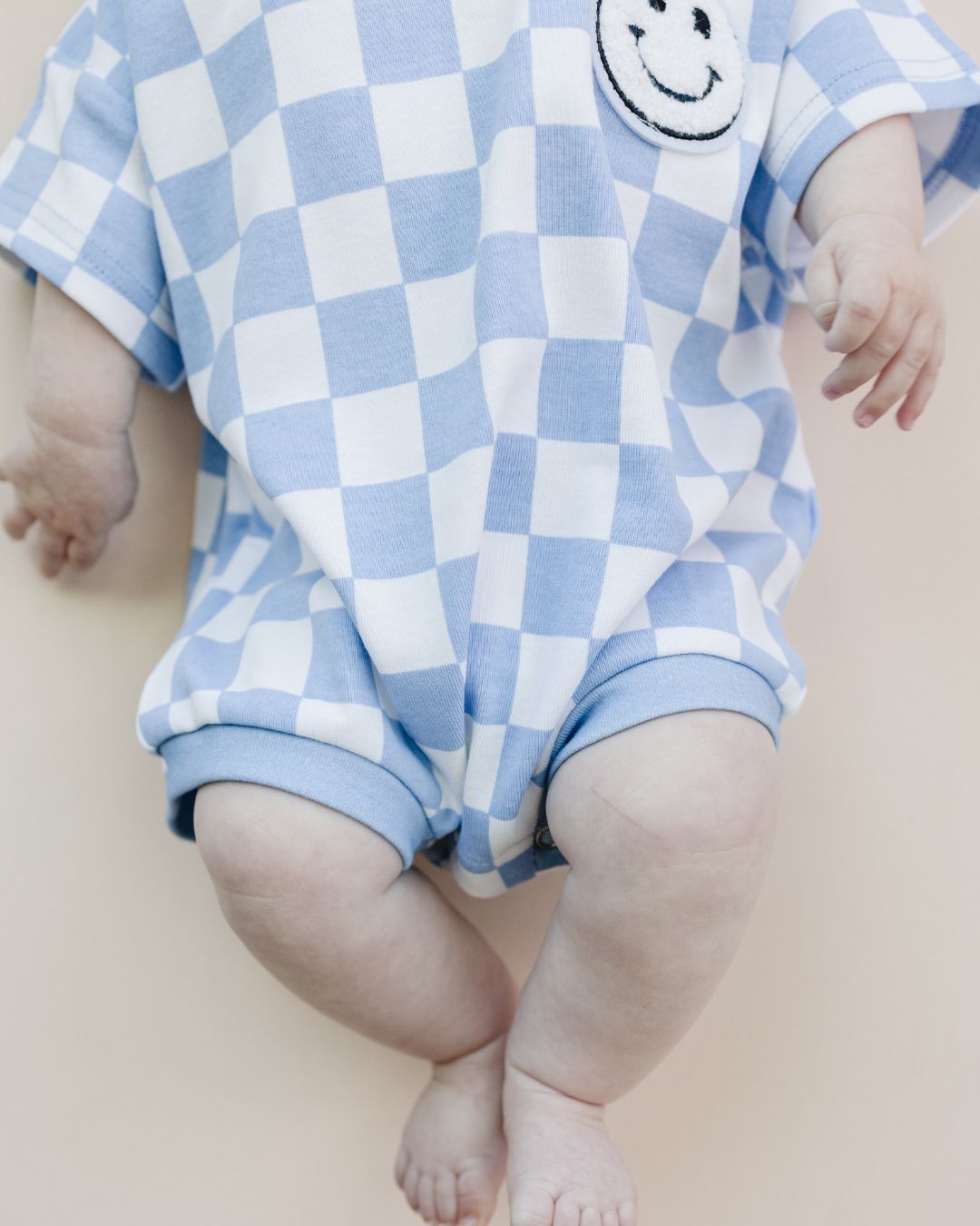 Checkered Smiley Blue Short Sleeve Bubble Romper