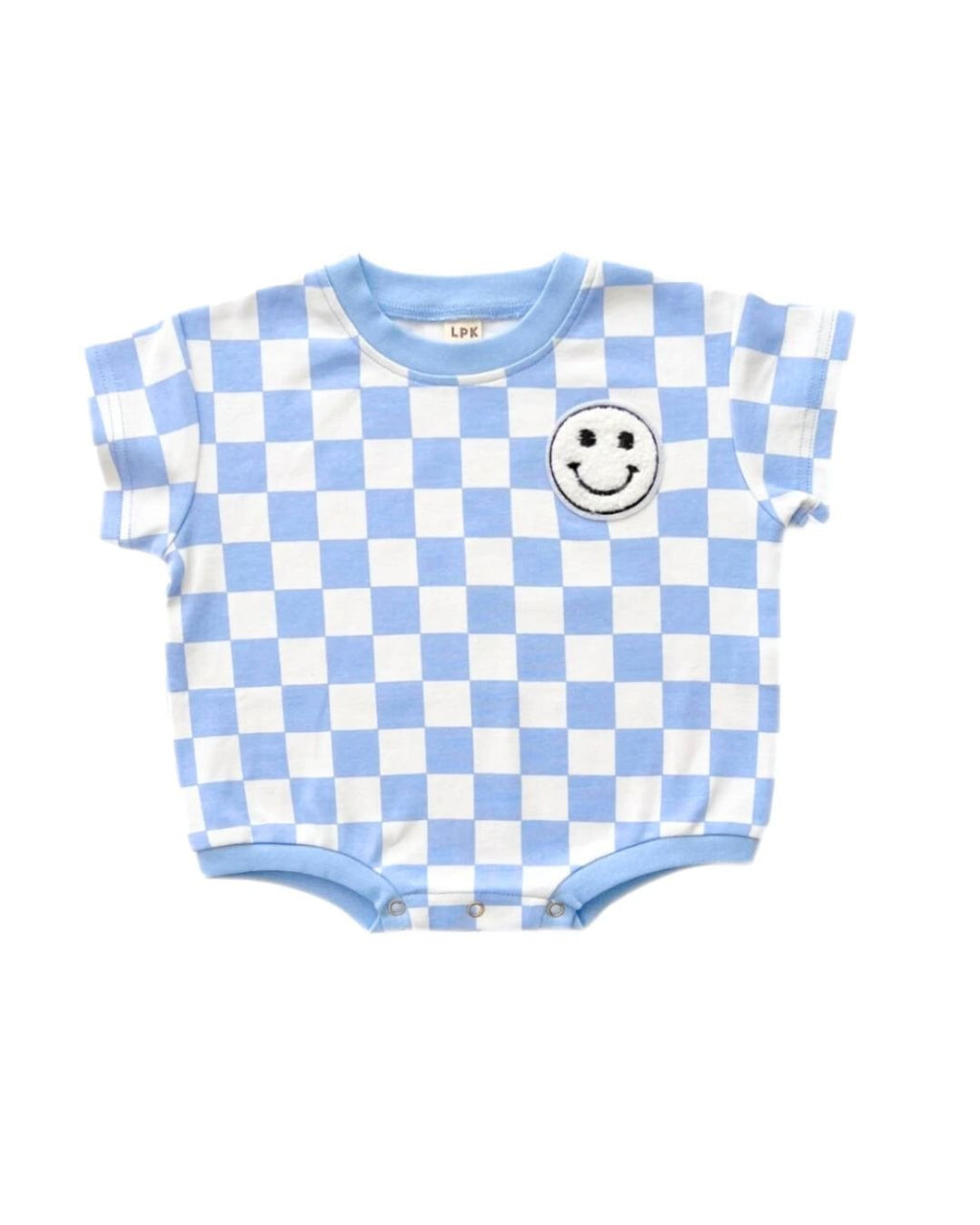 Checkered Smiley Blue Short Sleeve Bubble Romper