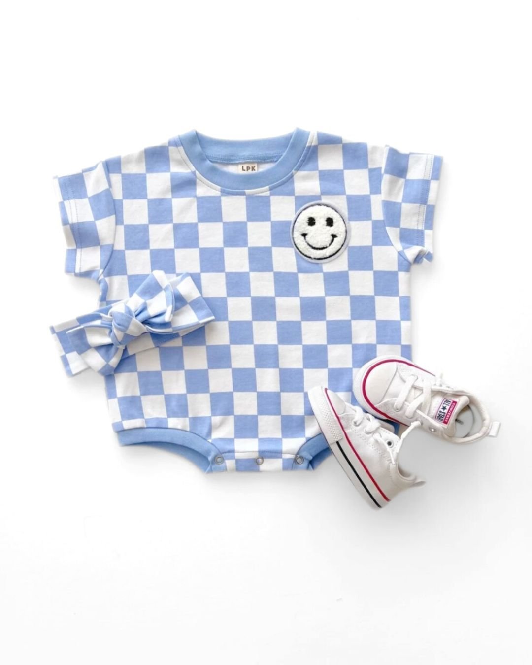Checkered Smiley Blue Short Sleeve Bubble Romper