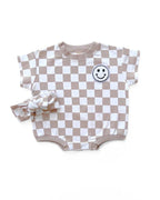 Latte Checkered Smiley Short Sleeve Bubble Romper