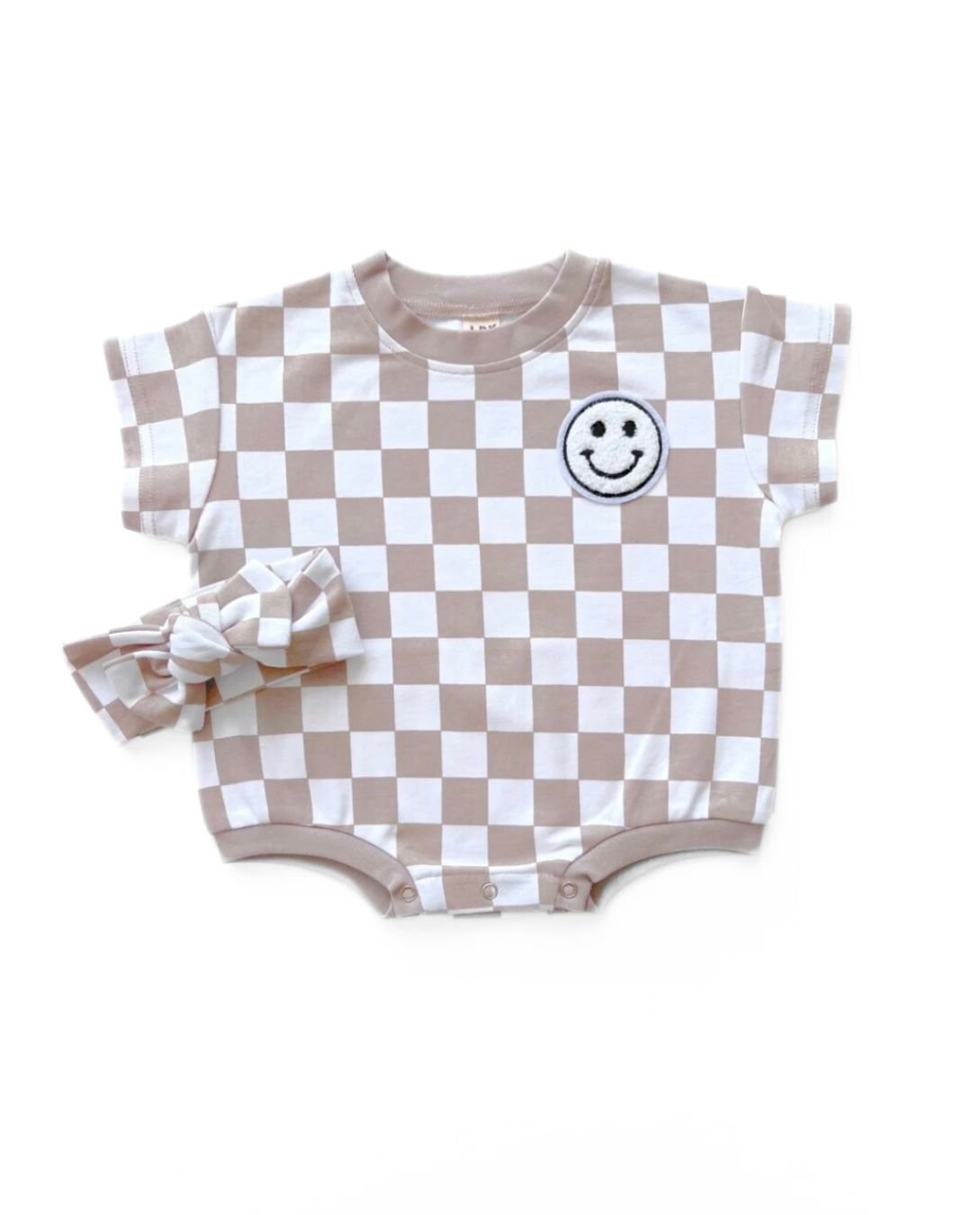Latte Checkered Smiley Short Sleeve Bubble Romper