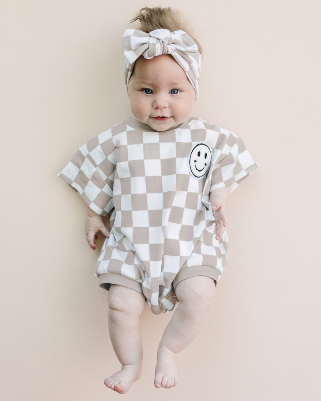 Latte Checkered Smiley Short Sleeve Bubble Romper