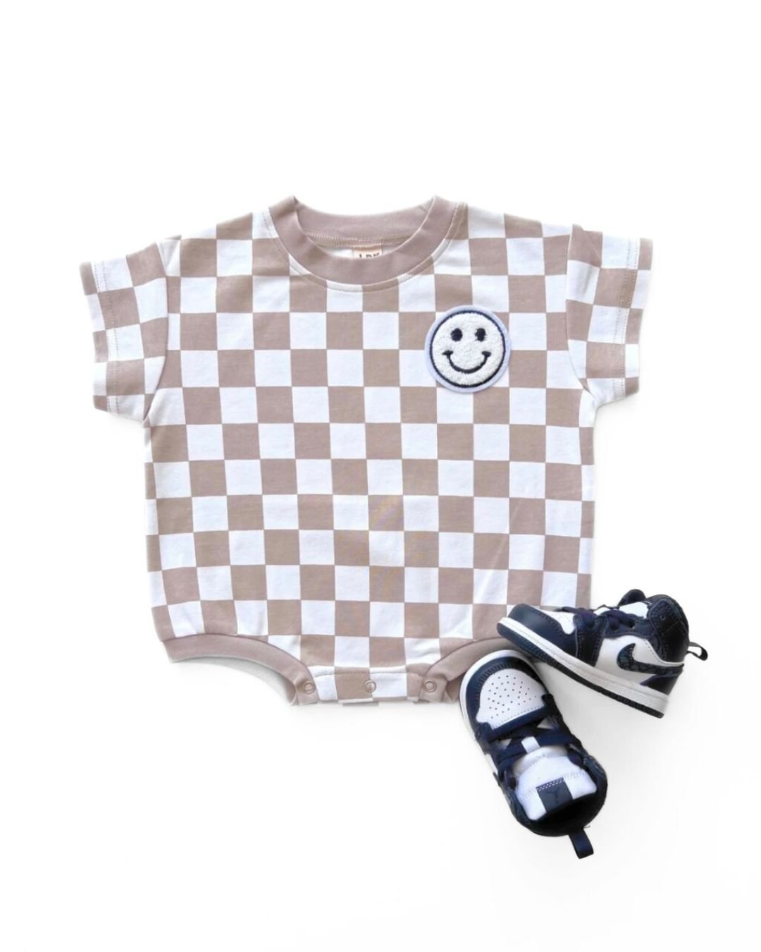 Latte Checkered Smiley Short Sleeve Bubble Romper