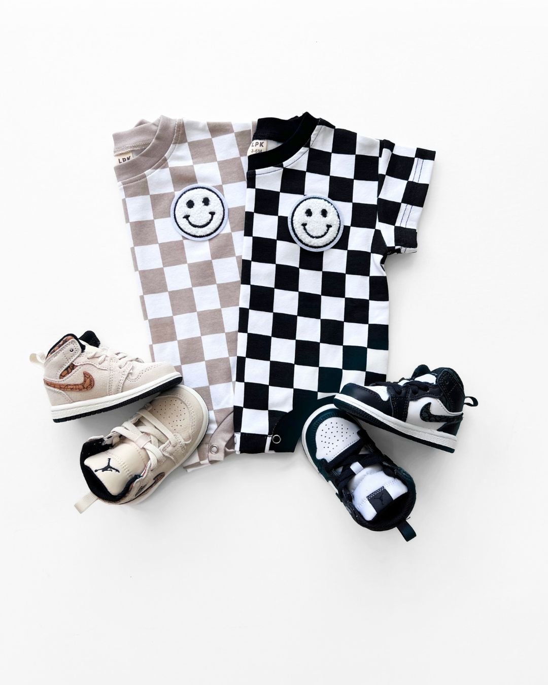 Latte Checkered Smiley Short Sleeve Bubble Romper
