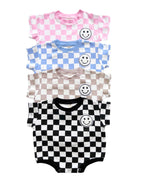 Baby Girl Pink Smiley Checkered Short Sleeve Bubble Romper