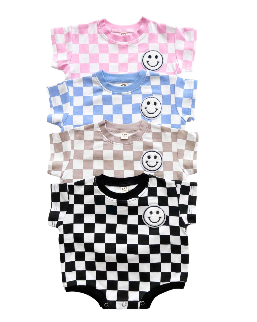 Baby Girl Pink Smiley Checkered Short Sleeve Bubble Romper