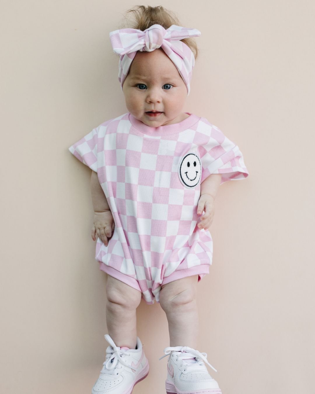 Baby Girl Pink Smiley Checkered Short Sleeve Bubble Romper