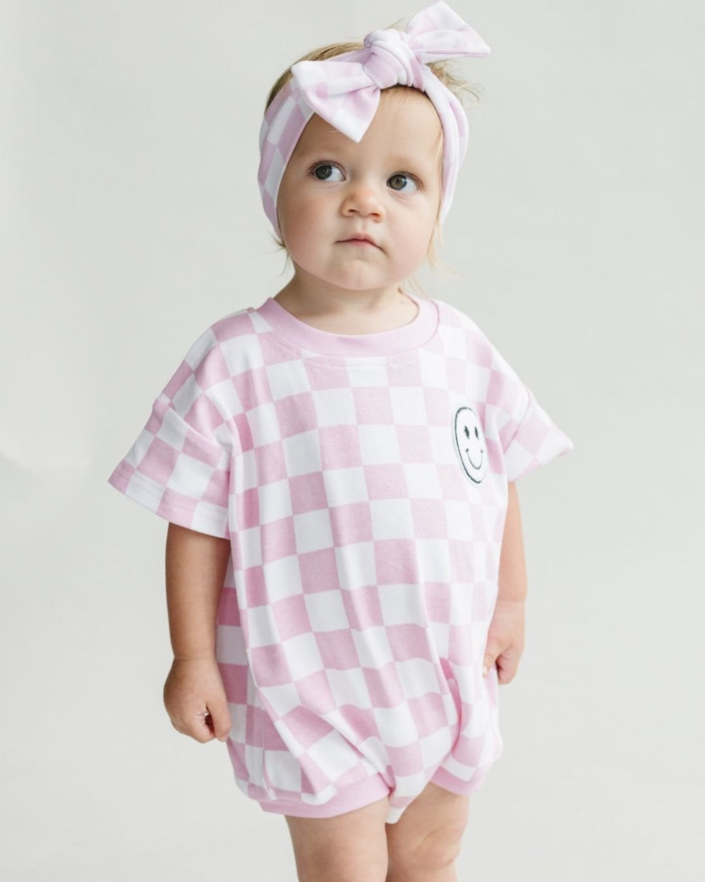Baby Girl Pink Smiley Checkered Short Sleeve Bubble Romper