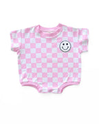 Baby Girl Pink Smiley Checkered Short Sleeve Bubble Romper