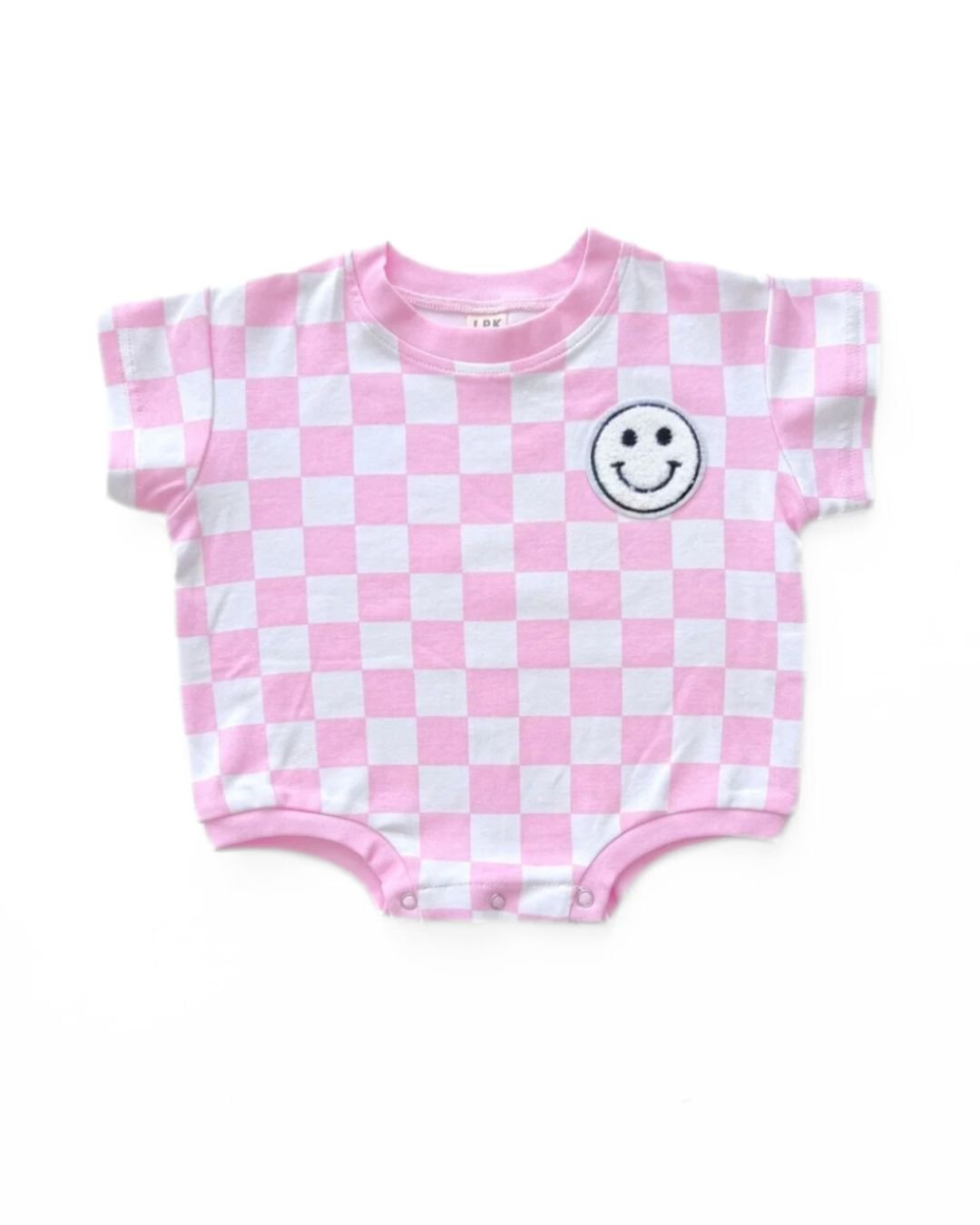 Baby Girl Pink Smiley Checkered Short Sleeve Bubble Romper