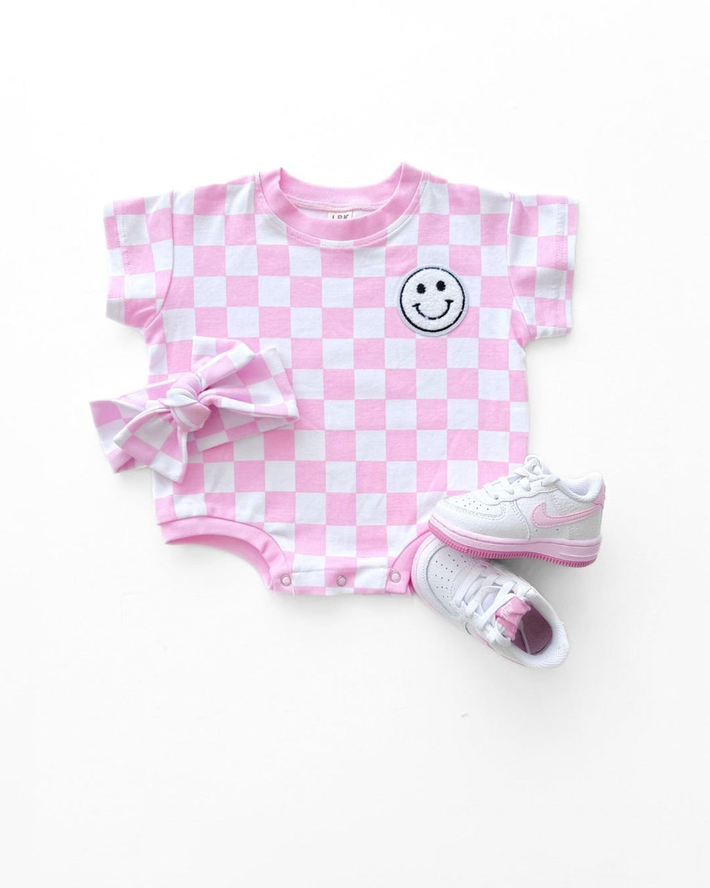 Baby Girl Pink Smiley Checkered Short Sleeve Bubble Romper