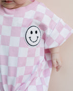Baby Girl Pink Smiley Checkered Short Sleeve Bubble Romper