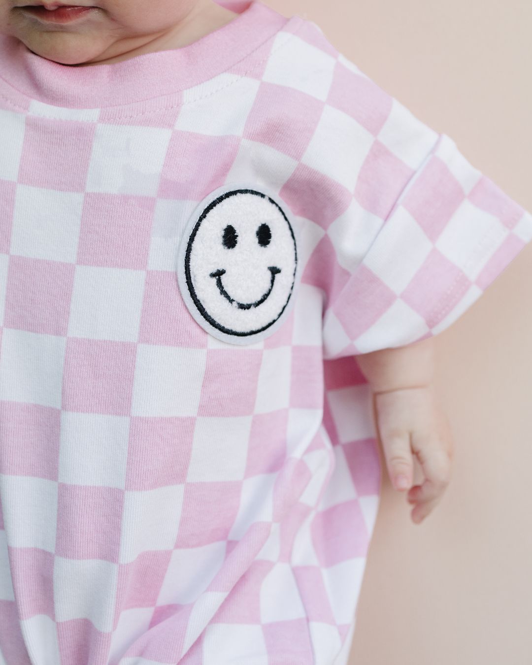 Baby Girl Pink Smiley Checkered Short Sleeve Bubble Romper