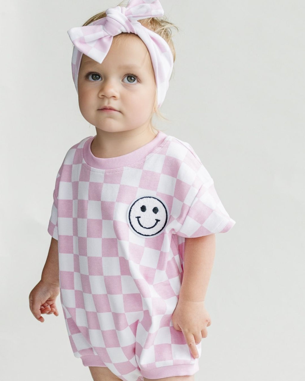 Baby Girl Pink Smiley Checkered Short Sleeve Bubble Romper