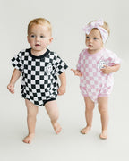 Baby Girl Pink Smiley Checkered Short Sleeve Bubble Romper