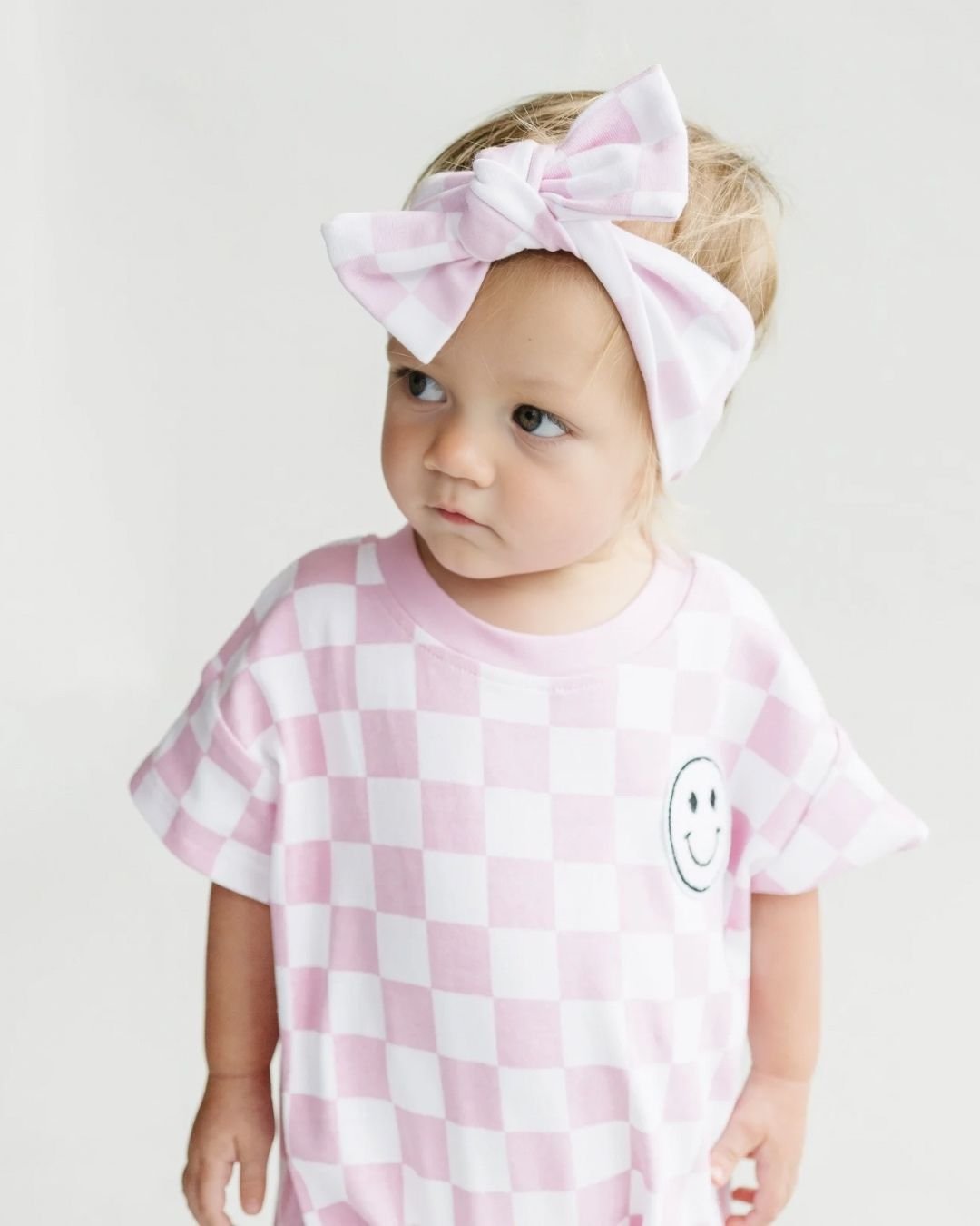 Baby Girl Pink Smiley Checkered Short Sleeve Bubble Romper