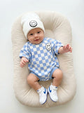 Checkered Smiley Blue Short Sleeve Bubble Romper