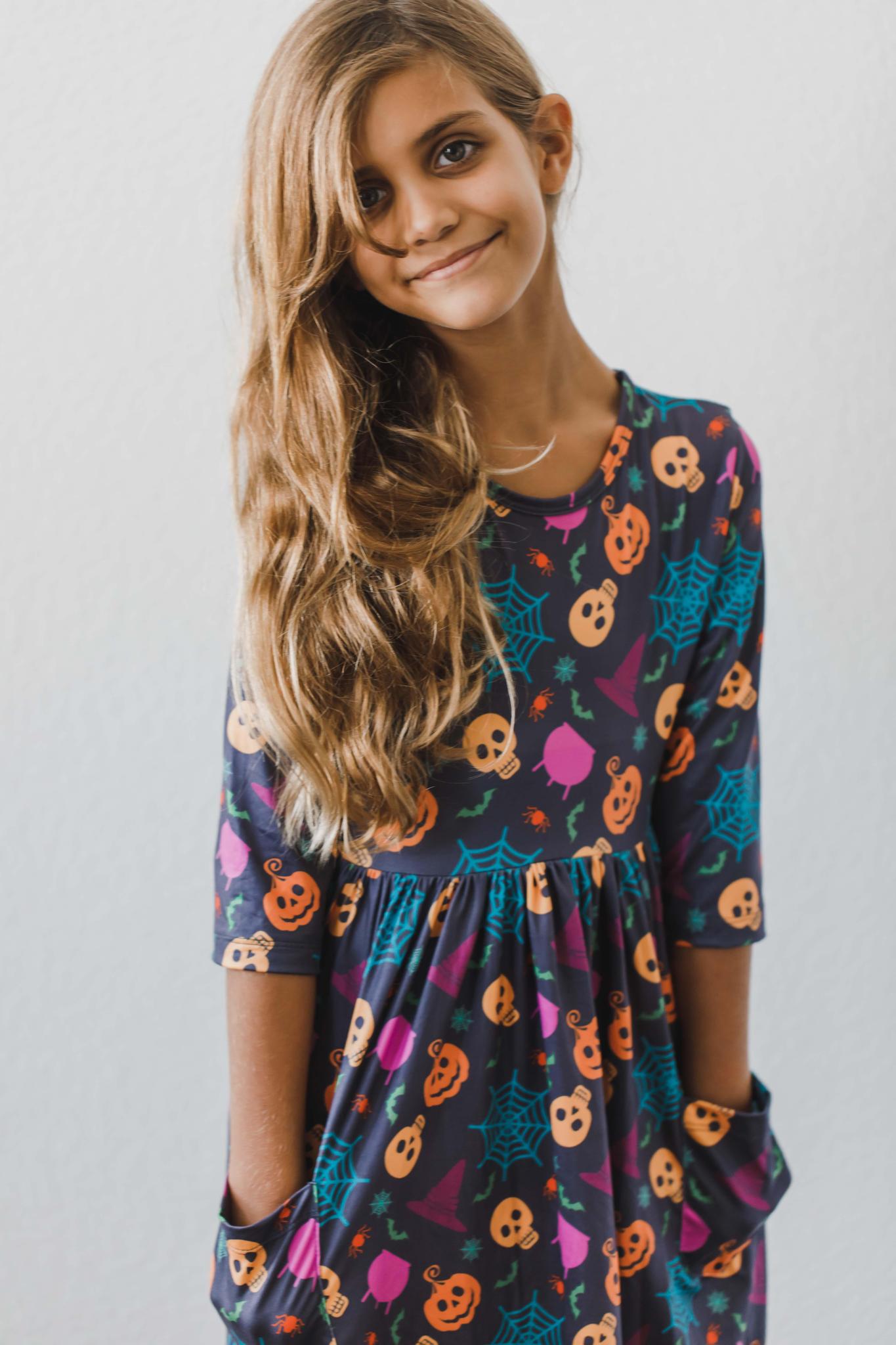 Skeleton Web 3/4 Sleeve Pocket Twirl Dress - Blissfully Lavender BoutiqueMila & Rose ®
