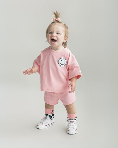 Girls Pink Peach Smiley Shorts Set
