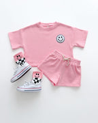 Girls Pink Peach Smiley Shorts Set