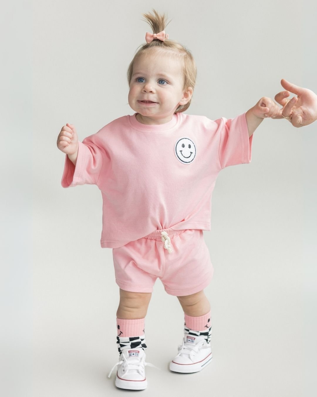 Girls Pink Peach Smiley Shorts Set