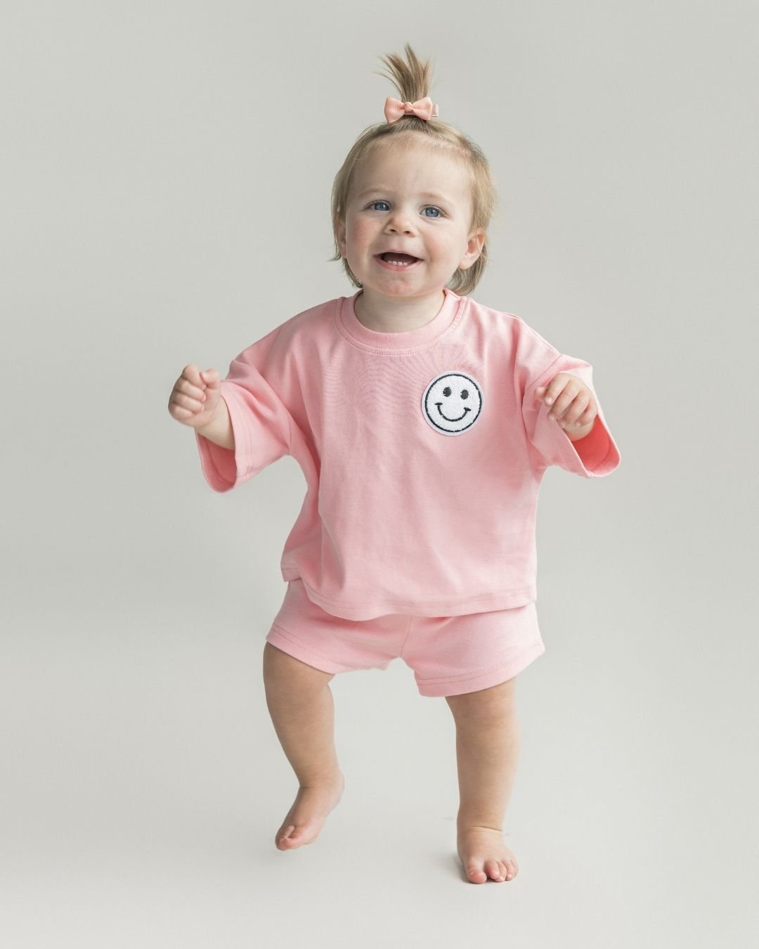 Girls Pink Peach Smiley Shorts Set