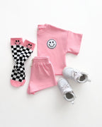 Girls Pink Peach Smiley Shorts Set