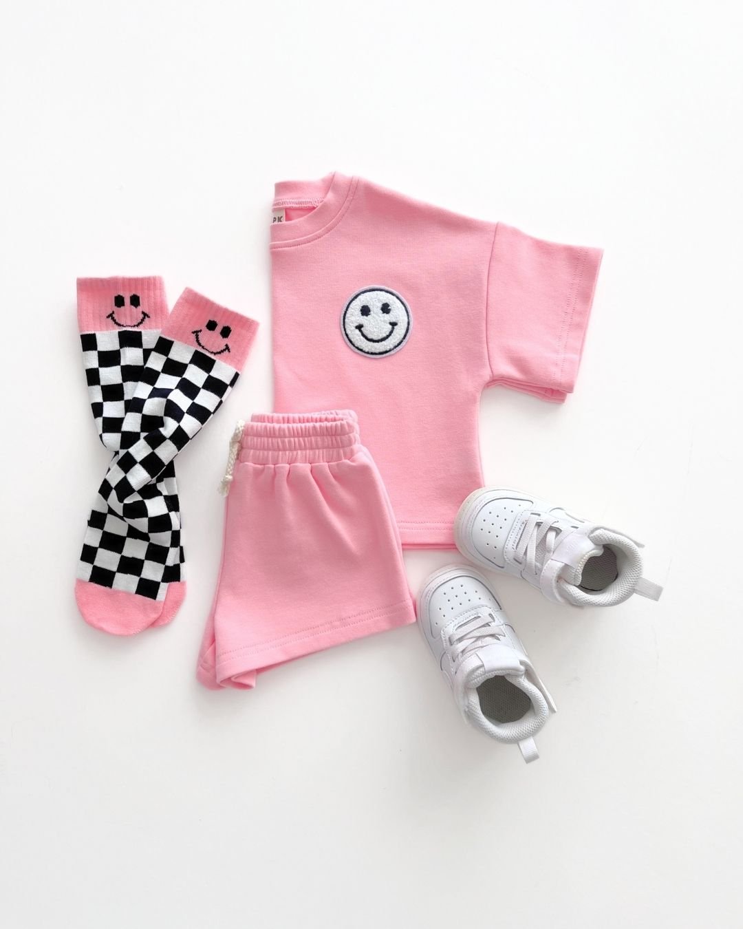 Girls Pink Peach Smiley Shorts Set