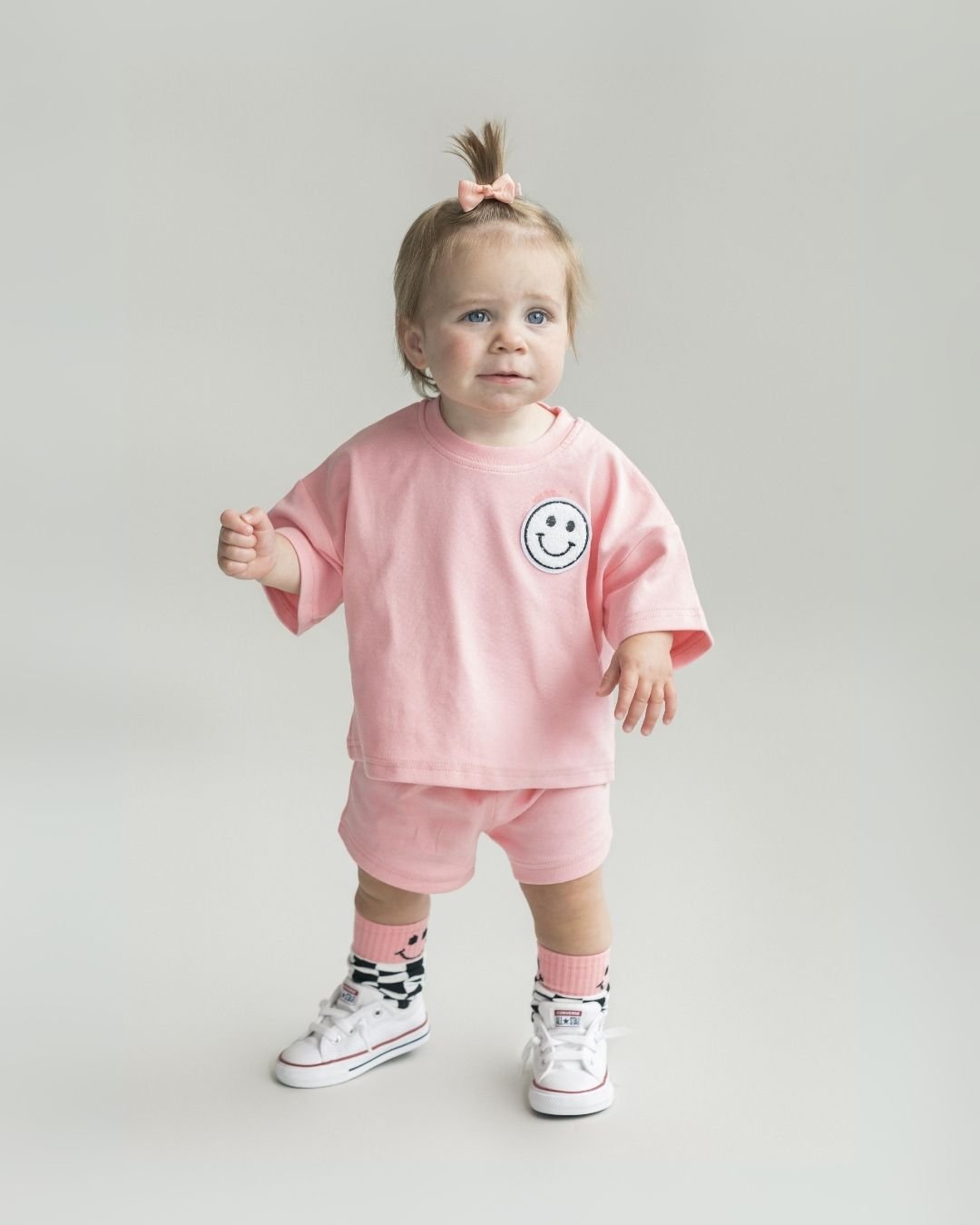 Girls Pink Peach Smiley Shorts Set
