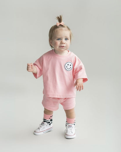 Girls Pink Peach Smiley Shorts Set