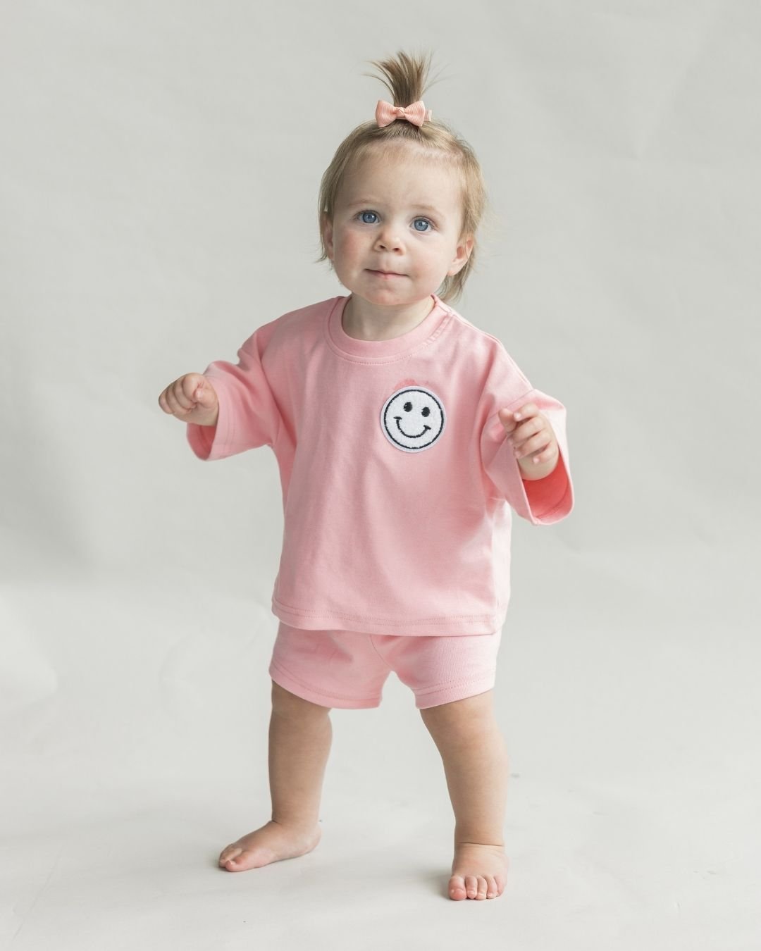 Girls Pink Peach Smiley Shorts Set