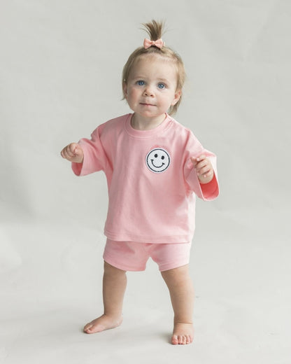 Girls Pink Peach Smiley Shorts Set