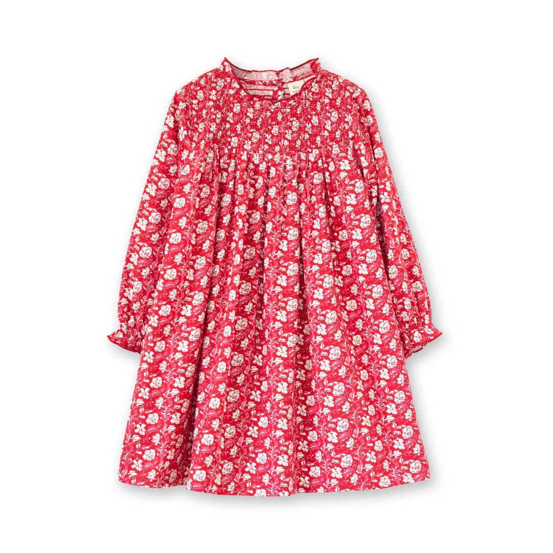 Girls' Smocked Long Sleeves Dress | Red and White Floral
