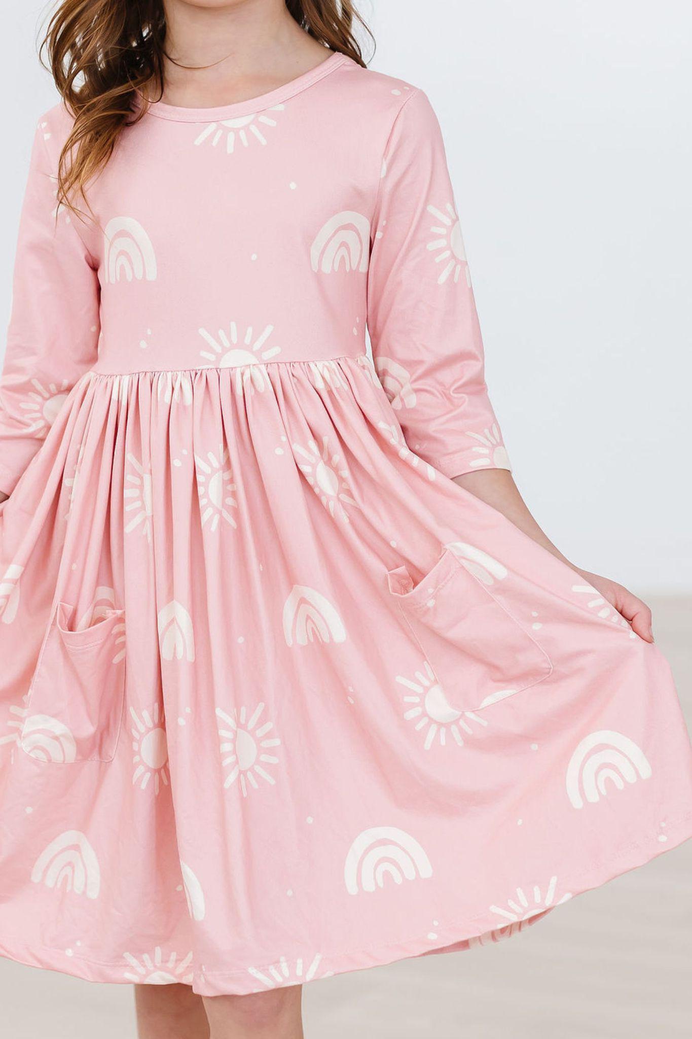Soft Pink Suns 3/4 Sleeve Pocket Twirl Dress - Blissfully Lavender BoutiqueMila & Rose ®