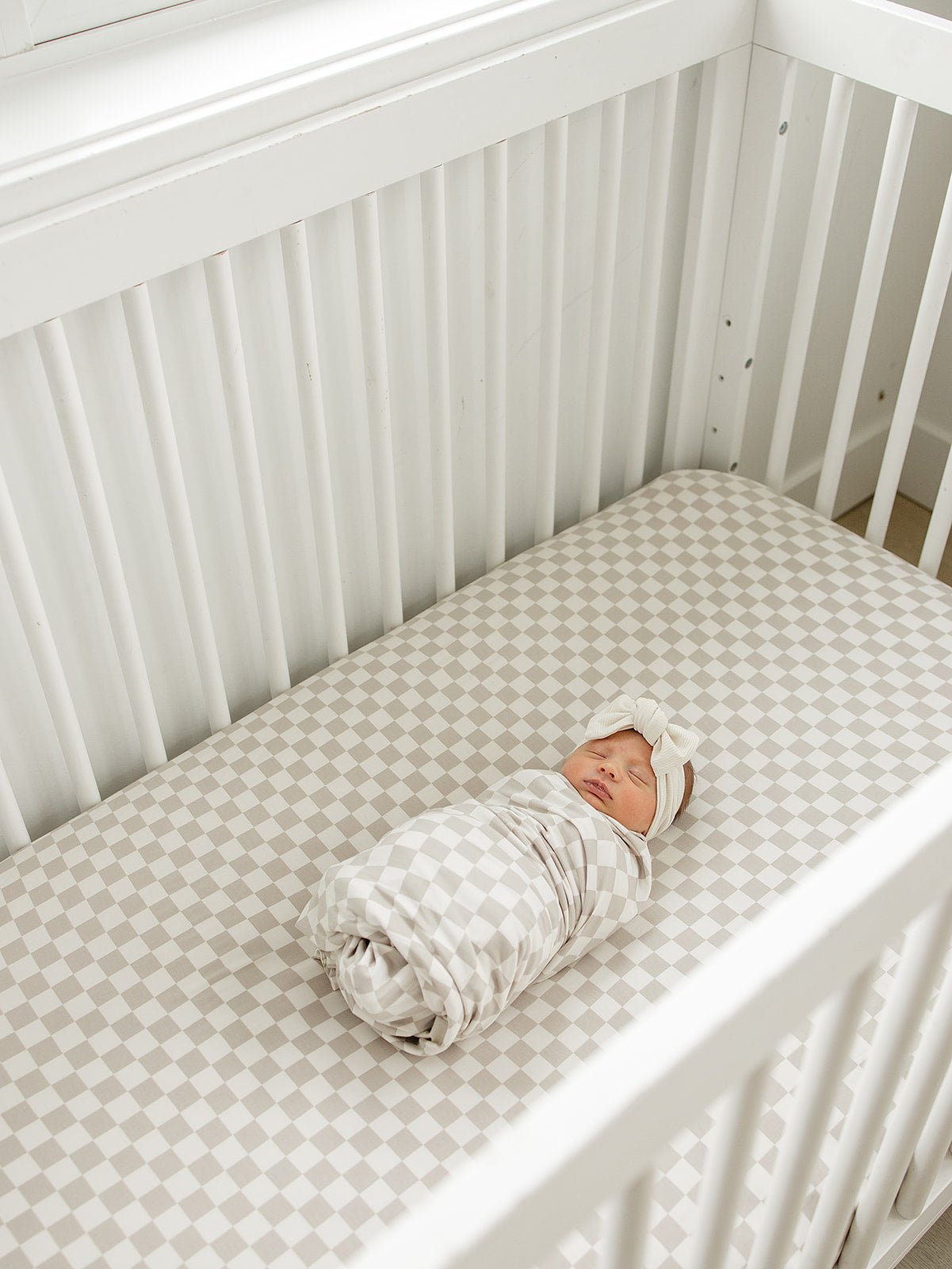 Taupe Checkered Bamboo Stretch Crib Sheet - Blissfully Lavender BoutiqueMebie Baby